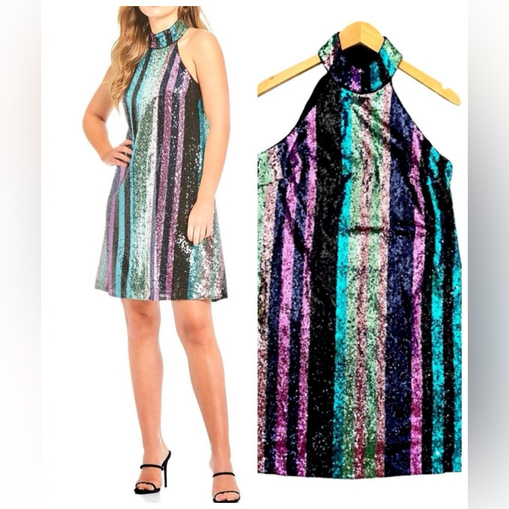 BELLE Badgley Mischka Sequin Striped Halter Neck Cocktail Dress 4